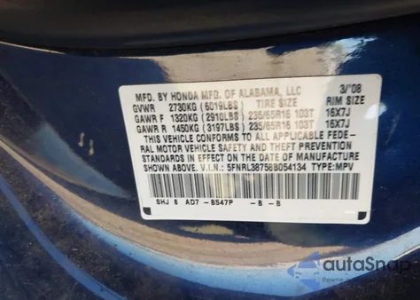 2008 Honda Odyssey Ex-L from USA, damaged, VIN 5FNRL38758B054134